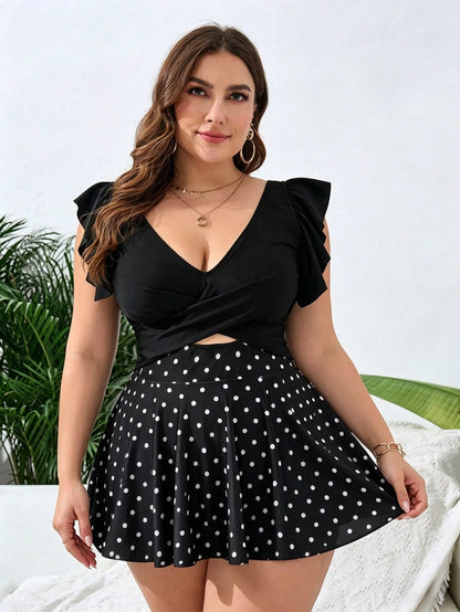 Swim Vcay Plus Size Women's Solid Color Two Pieces Set, Minimalist Elegant Summer Vacation Beach Swimsuit