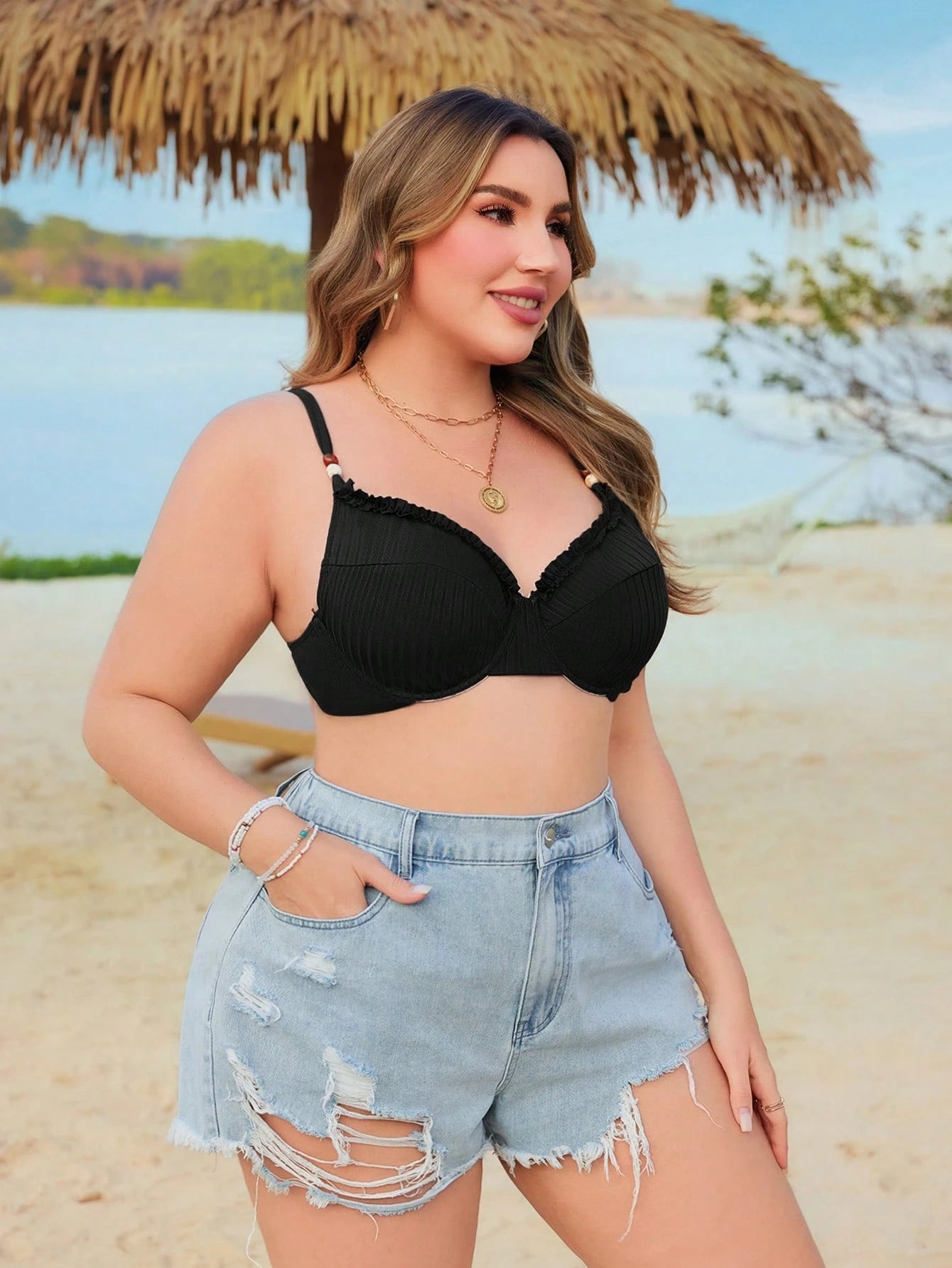 Swim Vcay Plus Size Women's Summer Beach Ruffled Bikini Top Bikini Tops For Curvy
