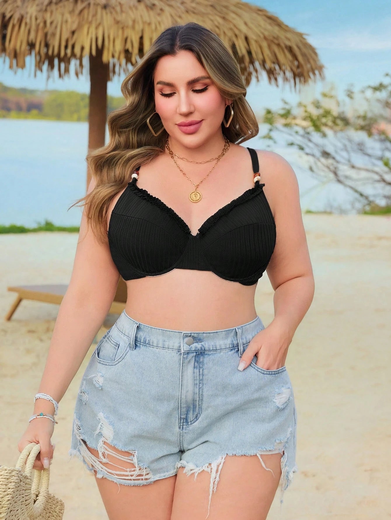 Swim Vcay Plus Size Women's Summer Beach Ruffled Bikini Top Bikini Tops For Curvy