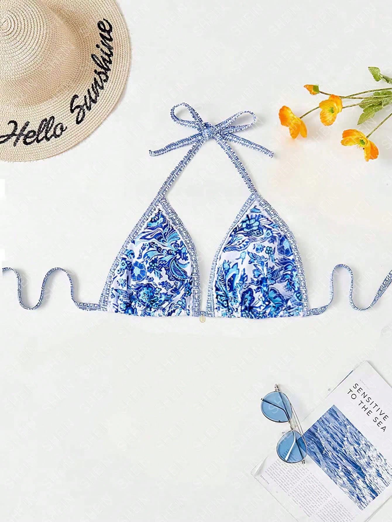 Swim Vcay Plus Size Women's Summer Beach Vacation Style Printed Halter Neck Bikini Top