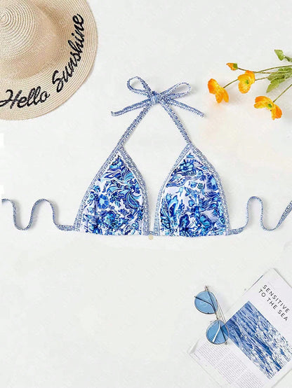 Swim Vcay Plus Size Women's Summer Beach Vacation Style Printed Halter Neck Bikini Top
