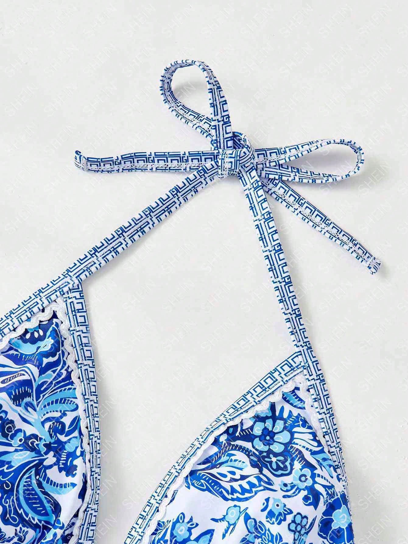 Swim Vcay Plus Size Women's Summer Beach Vacation Style Printed Halter Neck Bikini Top