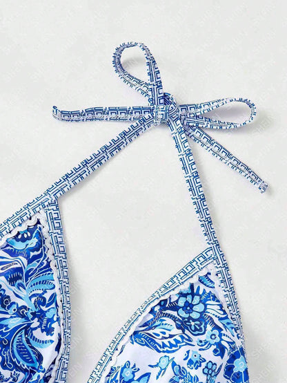 Swim Vcay Plus Size Women's Summer Beach Vacation Style Printed Halter Neck Bikini Top