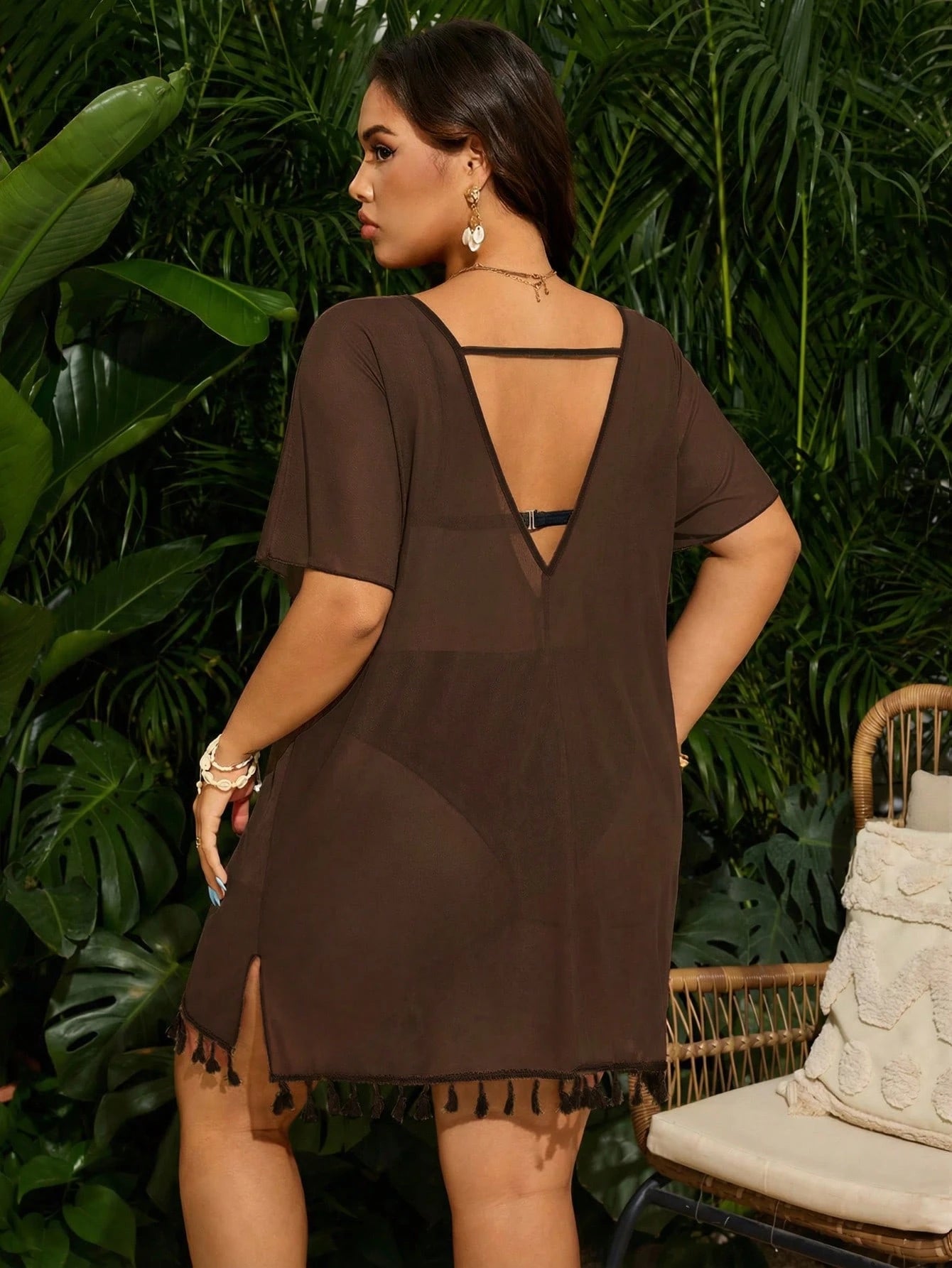 Swim Vcay Plus Size Women's Vacation Minimalist Versatile Tassel Patchwork Hem Sheer Cover-Up Dress