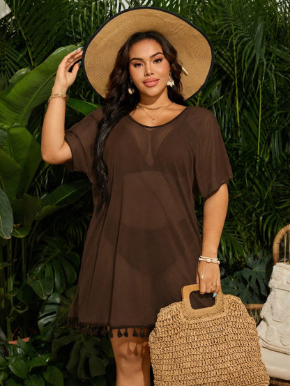 Swim Vcay Plus Size Women's Vacation Minimalist Versatile Tassel Patchwork Hem Sheer Cover-Up Dress