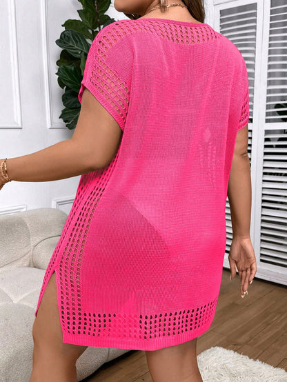 Swim Vcay Plus Size Women Solid Color Hollow Out Casual Beach Cover Up Dress
