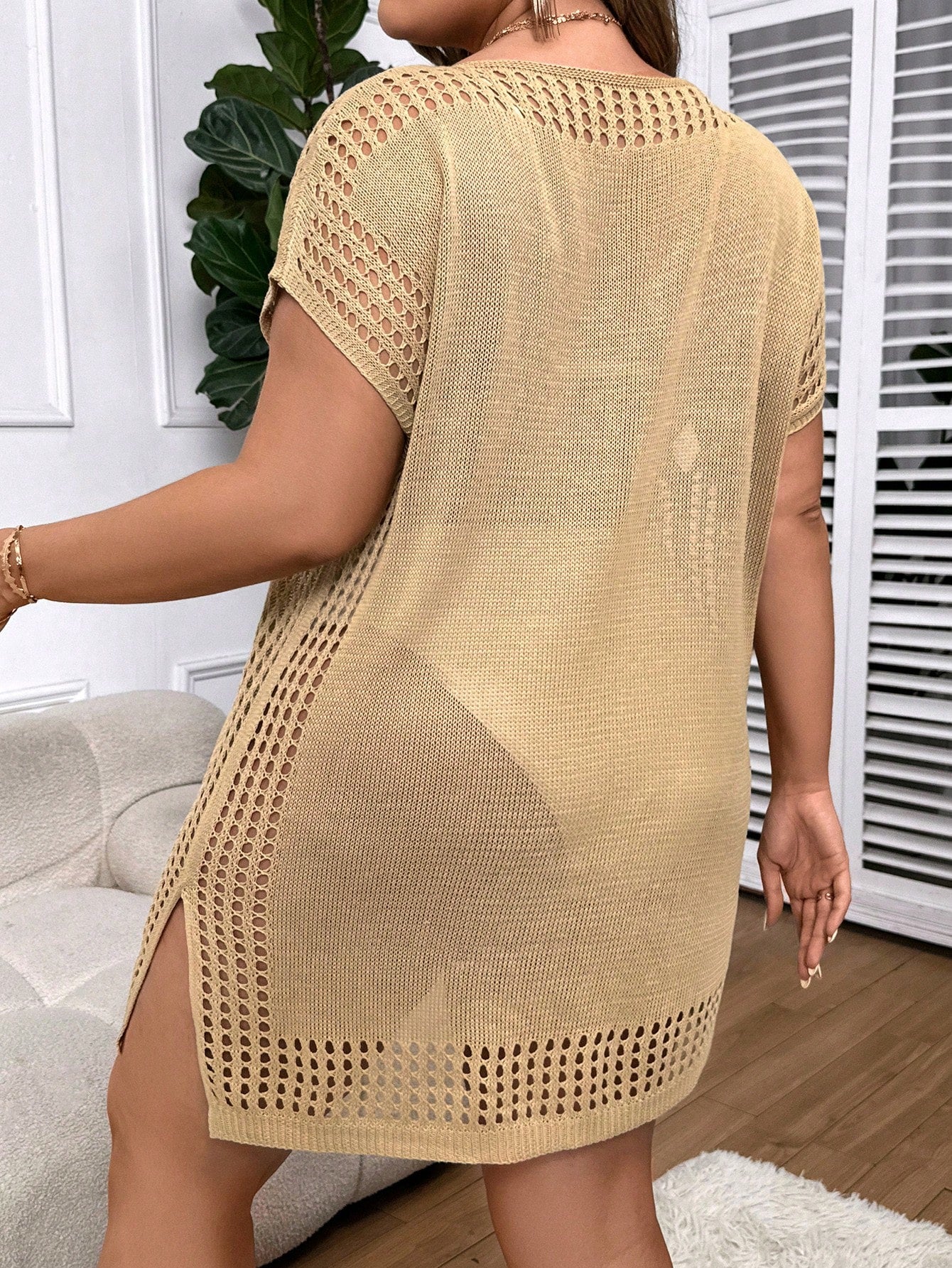 Swim Vcay Plus Size Women Solid Color Hollow Out Casual Beach Cover Up Dress