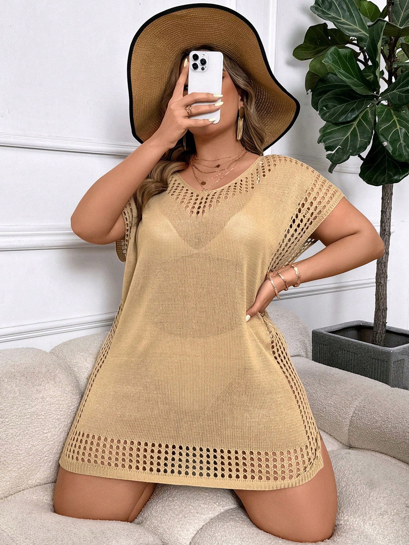 Swim Vcay Plus Size Women Solid Color Hollow Out Casual Beach Cover Up Dress