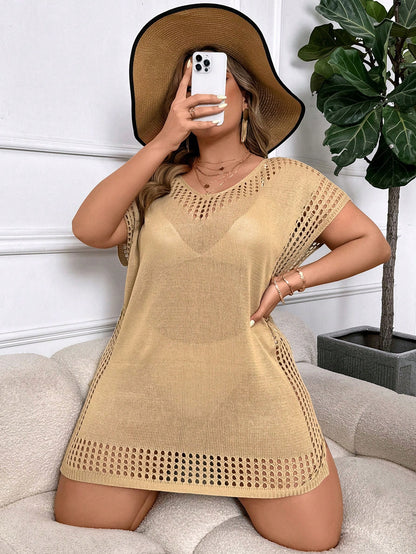 Swim Vcay Plus Size Women Solid Color Hollow Out Casual Beach Cover Up Dress
