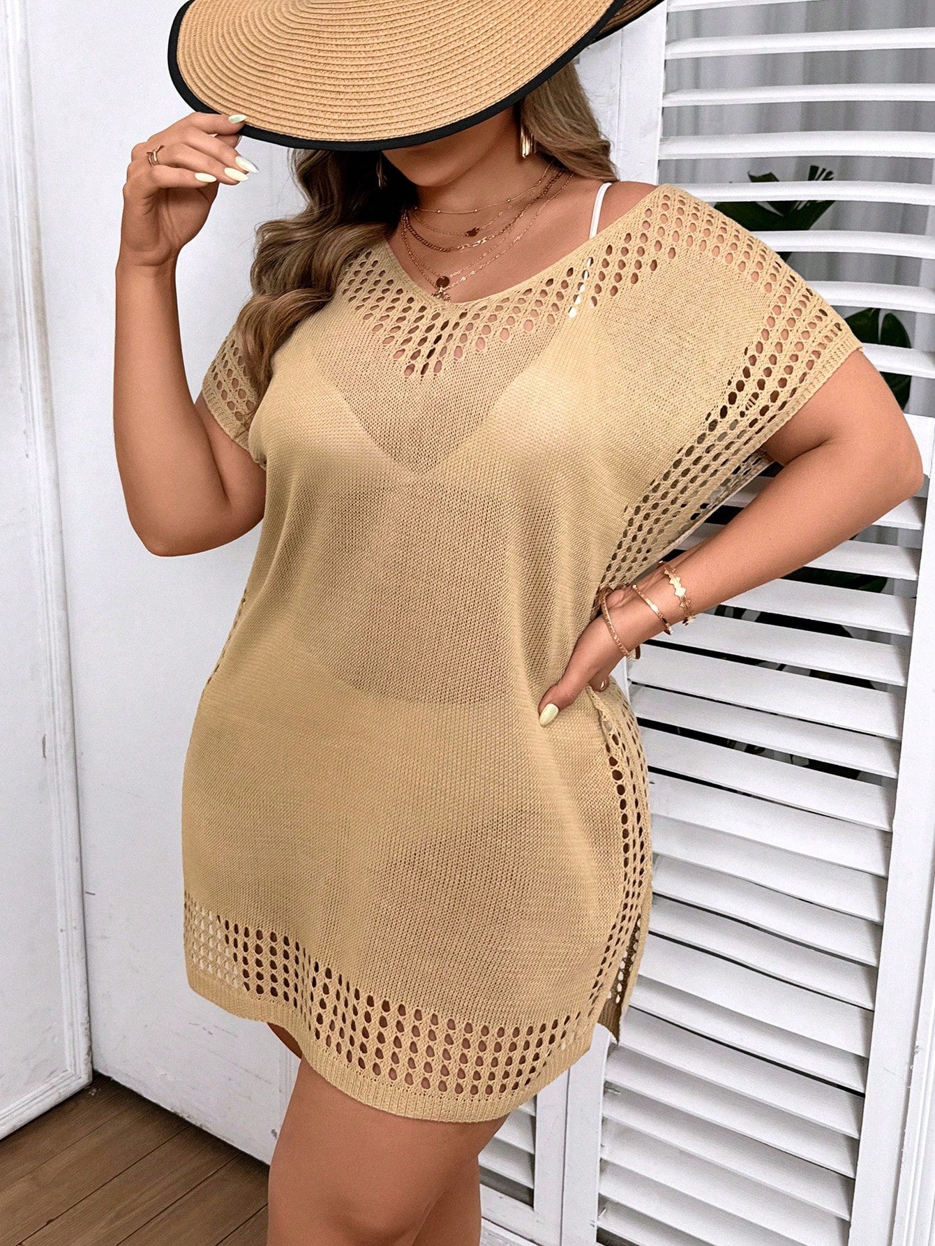 Swim Vcay Plus Size Women Solid Color Hollow Out Casual Beach Cover Up Dress