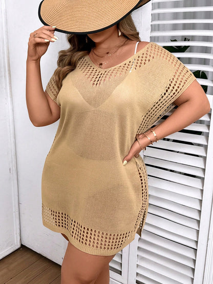 Swim Vcay Plus Size Women Solid Color Hollow Out Casual Beach Cover Up Dress