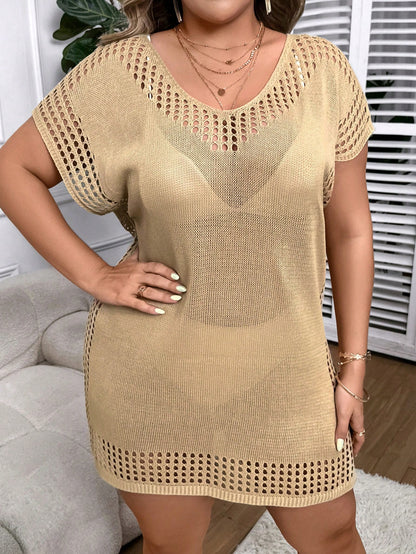 Swim Vcay Plus Size Women Solid Color Hollow Out Casual Beach Cover Up Dress