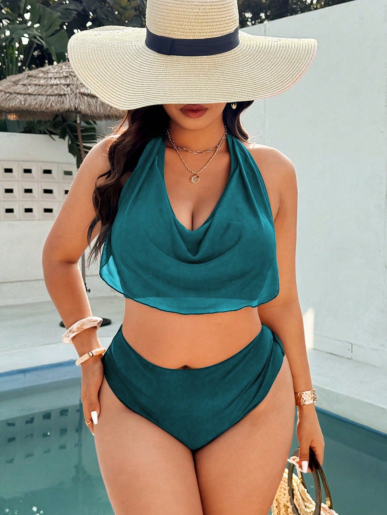 Swim Vcay Plus Size Women Solid Color Spaghetti Strap High Cut 2 Pieces Swimwear Set, Suitable For Spring/Summer Beach Vacation Vacation Teal