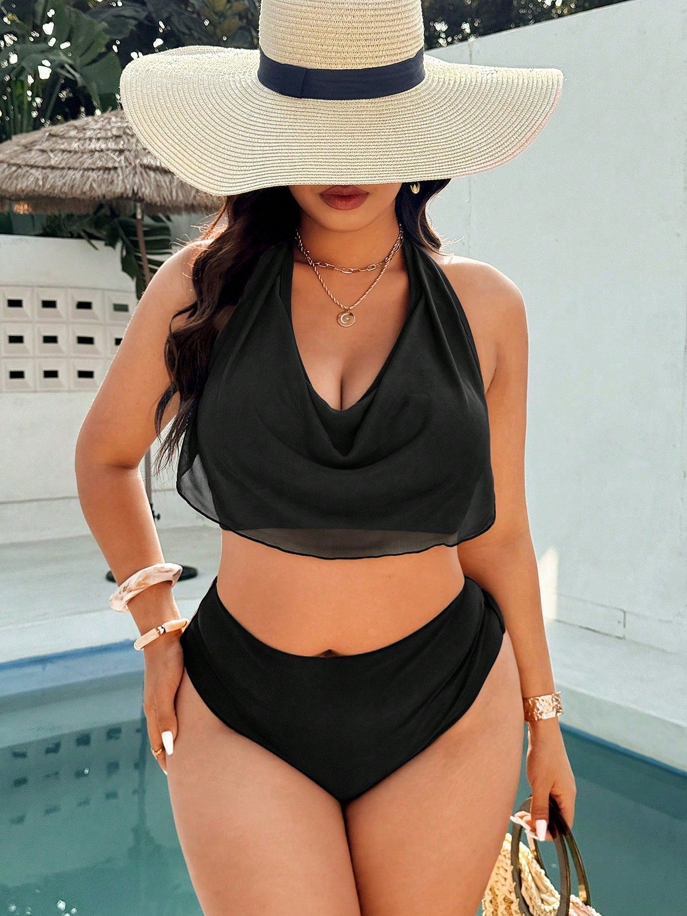 Swim Vcay Plus Size Women Solid Color Spaghetti Strap High Cut 2 Pieces Swimwear Set, Suitable For Spring/Summer Beach Vacation Vacation White