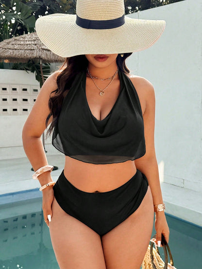 Swim Vcay Plus Size Women Solid Color Spaghetti Strap High Cut 2 Pieces Swimwear Set, Suitable For Spring/Summer Beach Vacation Vacation White