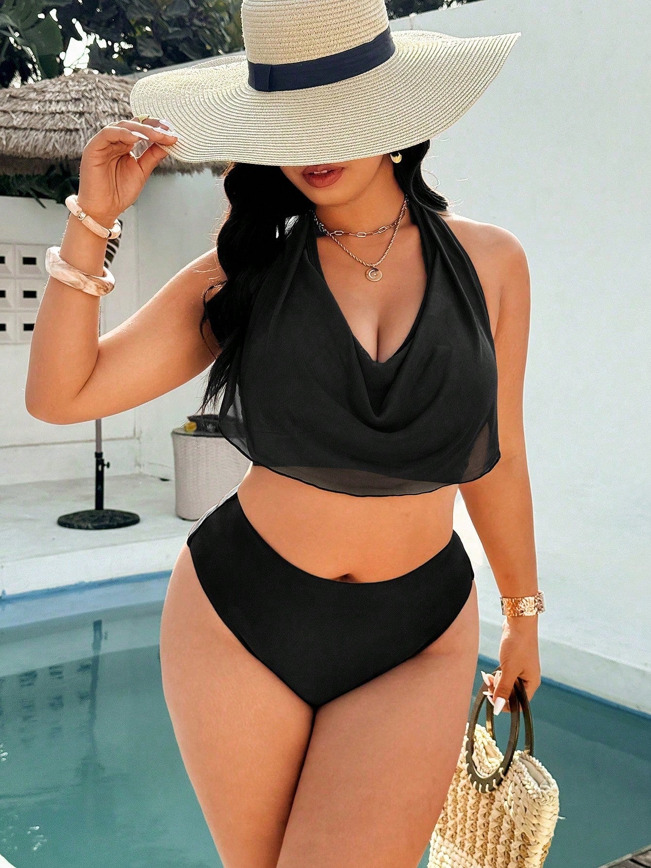 Swim Vcay Plus Size Women Solid Color Spaghetti Strap High Cut 2 Pieces Swimwear Set, Suitable For Spring/Summer Beach Vacation Vacation White