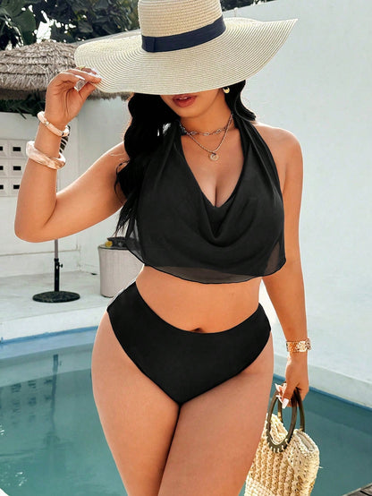 Swim Vcay Plus Size Women Solid Color Spaghetti Strap High Cut 2 Pieces Swimwear Set, Suitable For Spring/Summer Beach Vacation Vacation White