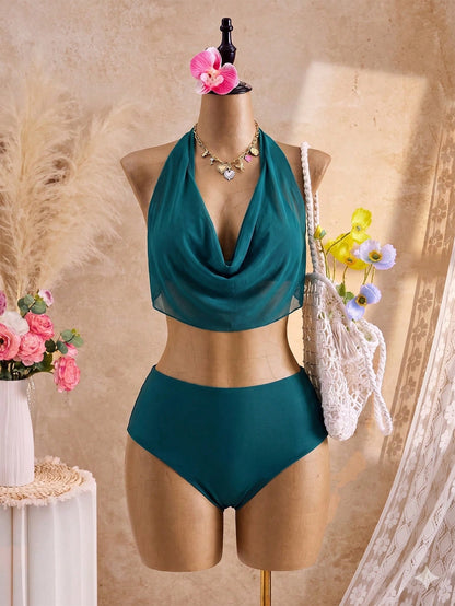 Swim Vcay Plus Size Women Solid Color Spaghetti Strap High Cut 2 Pieces Swimwear Set, Suitable For Spring/Summer Beach Vacation Vacation Teal
