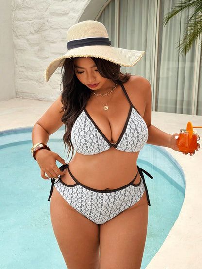 Swim Vcay Plus Size Women Summer Beach Embroidered Halter Tie Sexy Bikini Swimwear Set