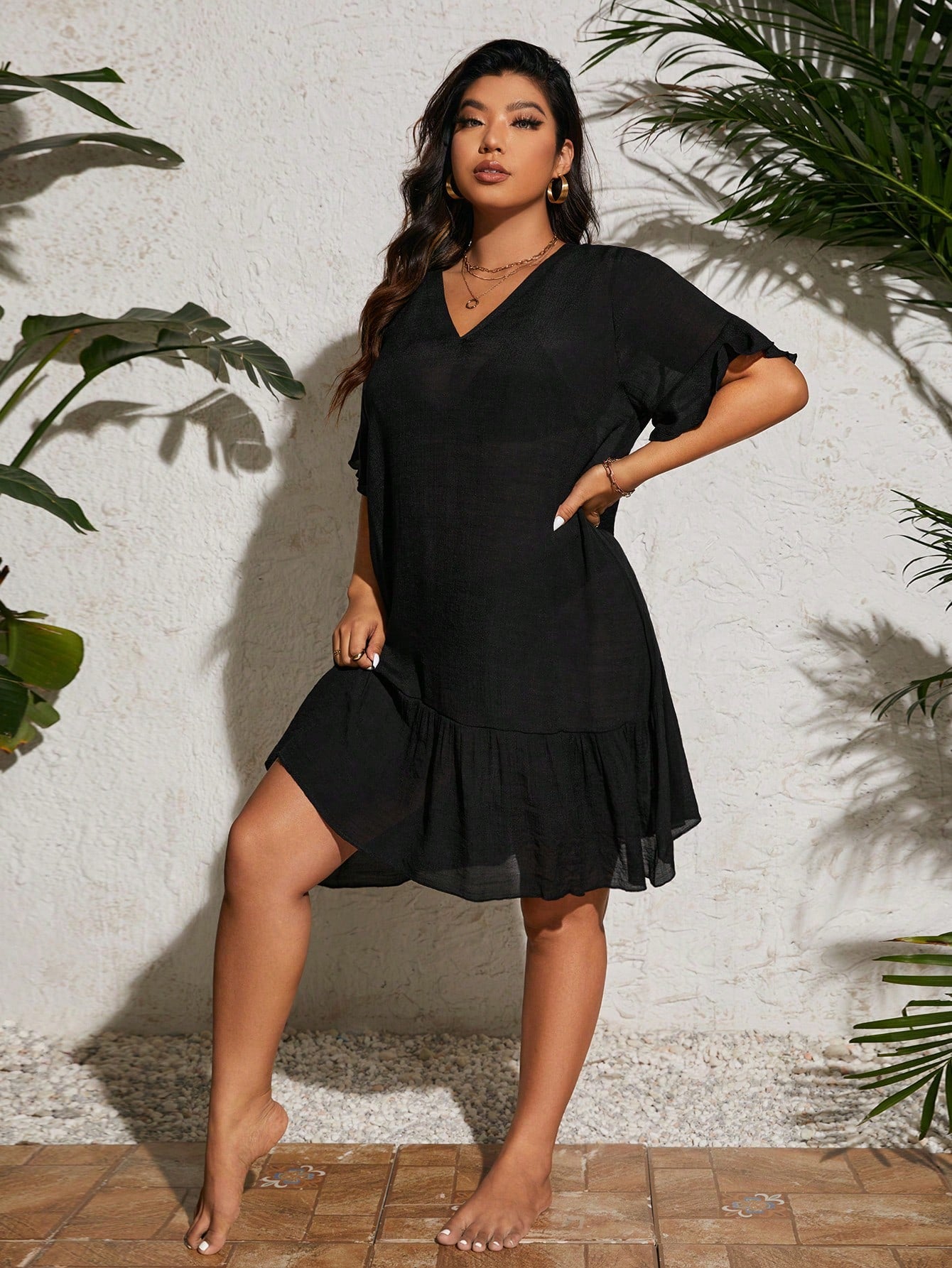 Swim Vcay Plus Size Women Summer Beach Vacation Loose Fit Short Sleeve Cover Up Dress