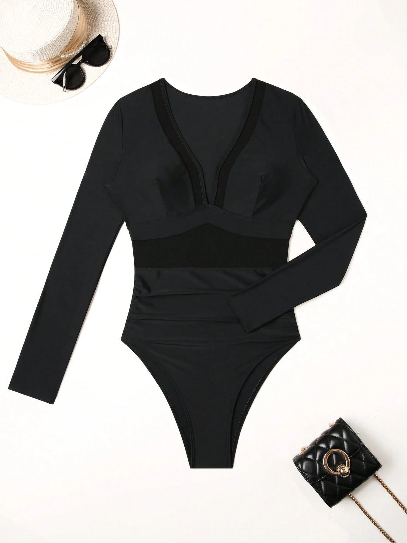 Swim Vcay Solid Color V-Neck Long Sleeve Mesh Patchwork Sexy Fashion One-Piece Swimsuit