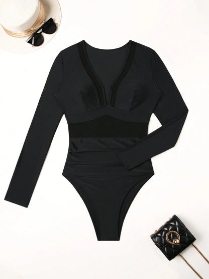 Swim Vcay Solid Color V-Neck Long Sleeve Mesh Patchwork Sexy Fashion One-Piece Swimsuit