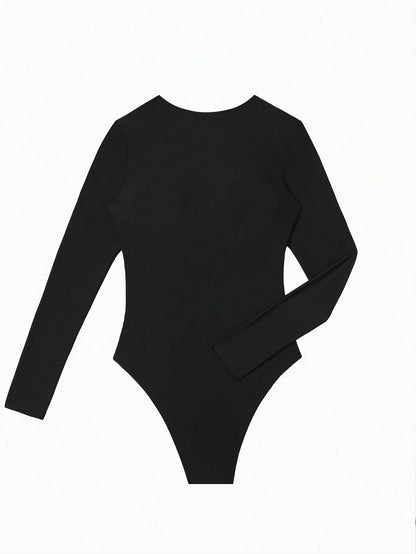 Swim Vcay Solid Color V-Neck Long Sleeve Mesh Patchwork Sexy Fashion One-Piece Swimsuit