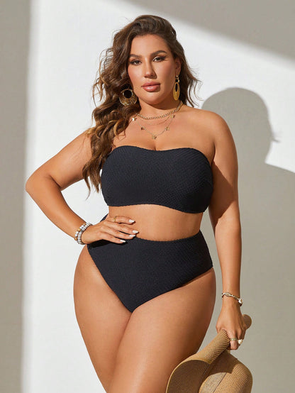 Swim Vcay Summer Beach Plus Size Solid Bandeau Bikini Set