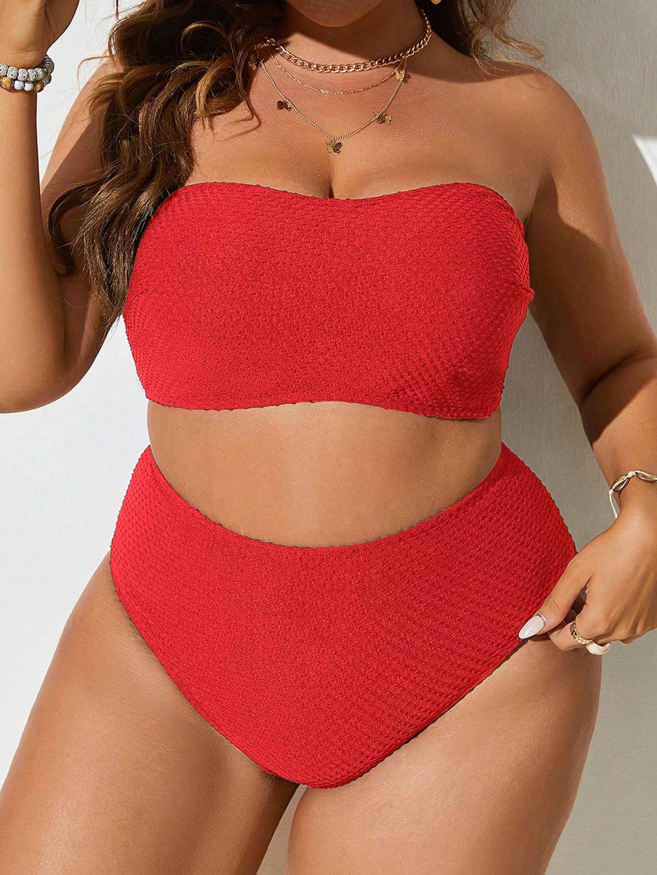 Swim Vcay Summer Beach Plus Size Solid Bandeau Bikini Set