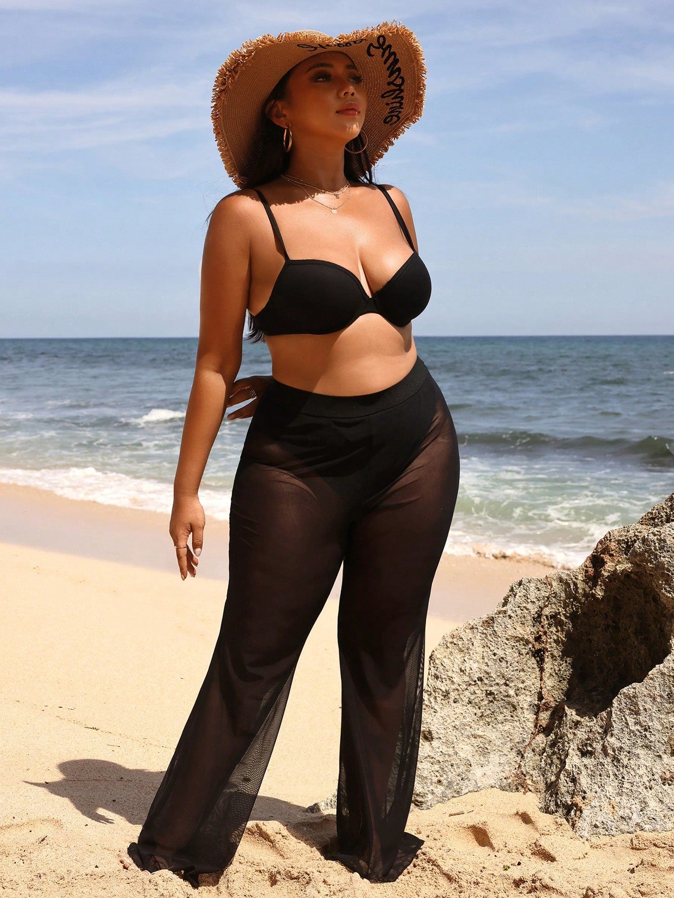 Swim Vcay Summer Beach Plus Size Women Beach Vacation Sheer Mesh Loose Cover Up Pants