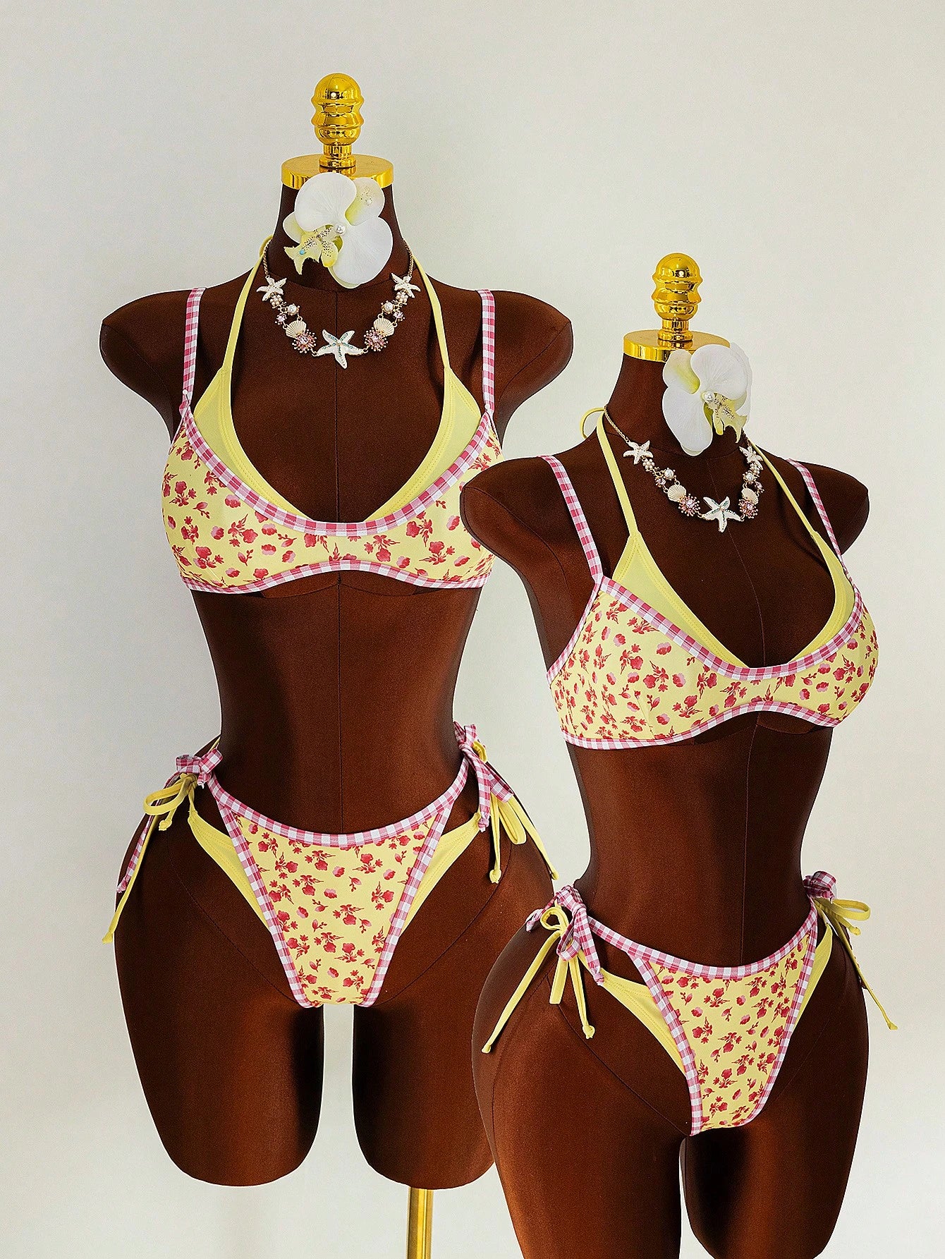 Swim Vcay Women's Cute Yellow 2 Pieces Bikini Set,Summer Beach Red Floral Print & Pink Gingham Trim Triangle Top & Tie Side Bottom,Holiday Cottagecore Swimwear