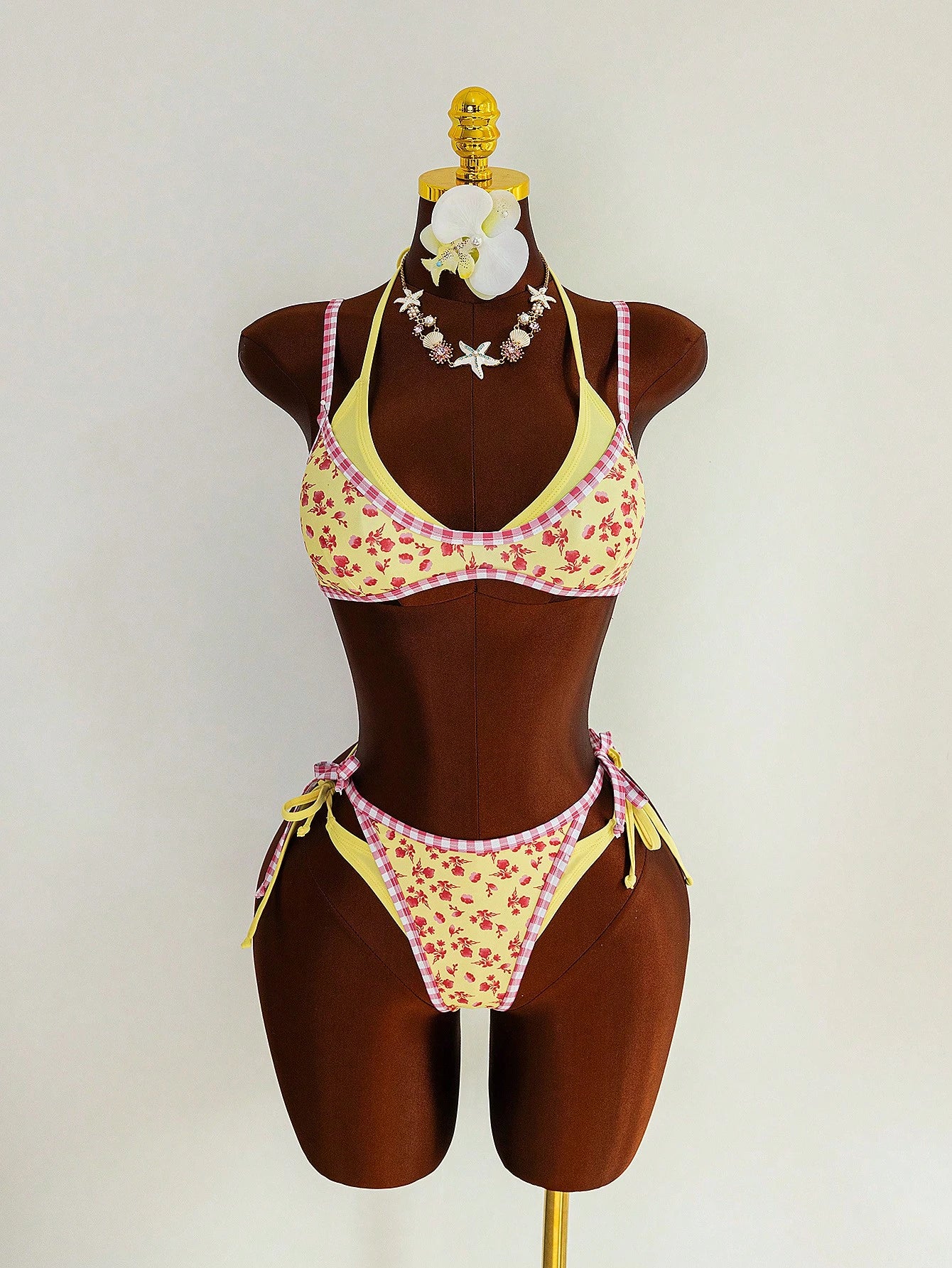 Swim Vcay Women's Cute Yellow 2 Pieces Bikini Set,Summer Beach Red Floral Print & Pink Gingham Trim Triangle Top & Tie Side Bottom,Holiday Cottagecore Swimwear