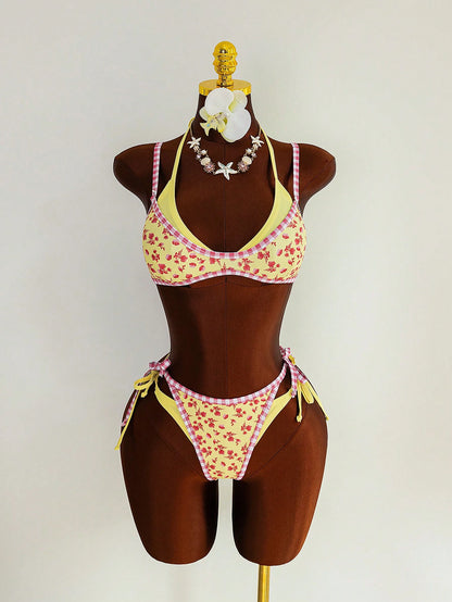 Swim Vcay Women's Cute Yellow 2 Pieces Bikini Set,Summer Beach Red Floral Print & Pink Gingham Trim Triangle Top & Tie Side Bottom,Holiday Cottagecore Swimwear
