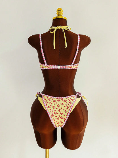 Swim Vcay Women's Cute Yellow 2 Pieces Bikini Set,Summer Beach Red Floral Print & Pink Gingham Trim Triangle Top & Tie Side Bottom,Holiday Cottagecore Swimwear