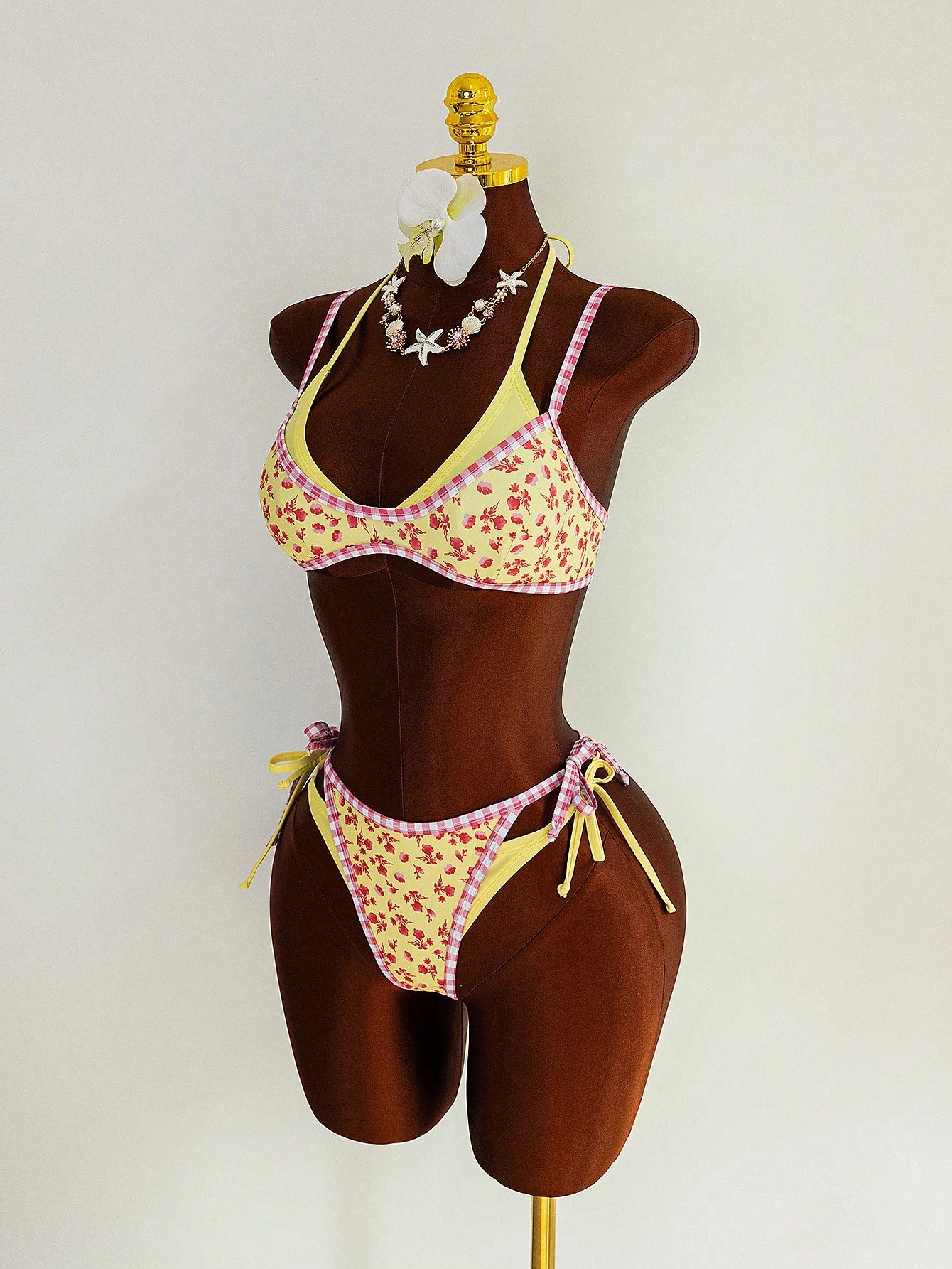Swim Vcay Women's Cute Yellow 2 Pieces Bikini Set,Summer Beach Red Floral Print & Pink Gingham Trim Triangle Top & Tie Side Bottom,Holiday Cottagecore Swimwear