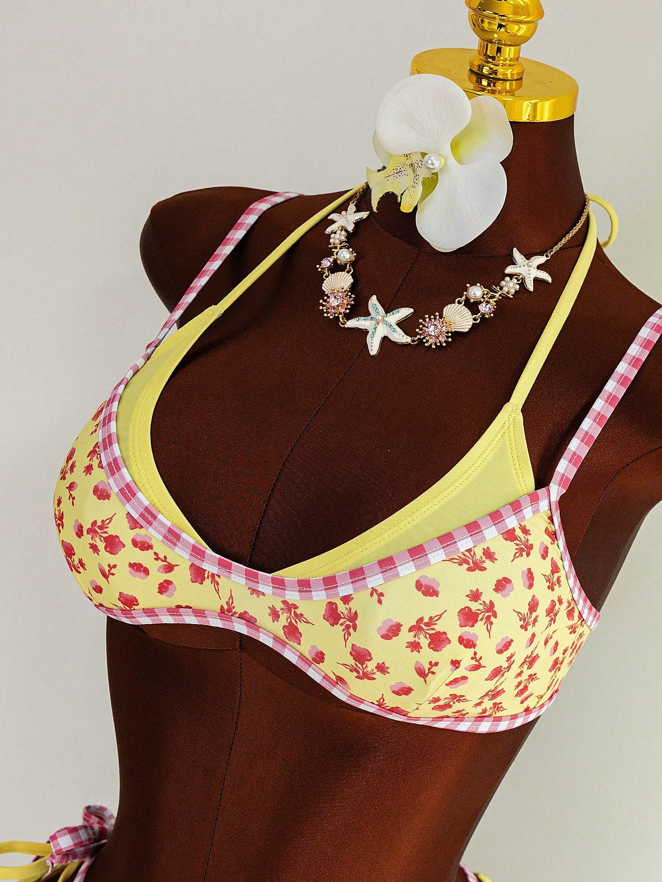 Swim Vcay Women's Cute Yellow 2 Pieces Bikini Set,Summer Beach Red Floral Print & Pink Gingham Trim Triangle Top & Tie Side Bottom,Holiday Cottagecore Swimwear