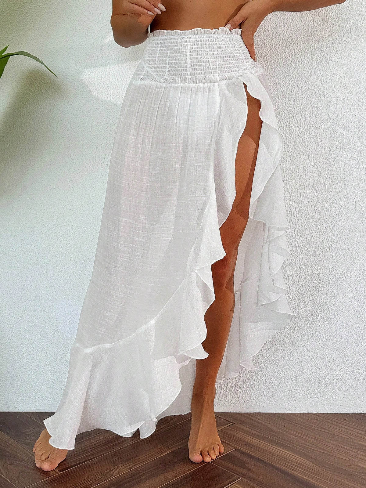 Swim Vcay Women's Springbreak Chiffon Shirred Waist Ruffle Trim Beach Maxi Dress, Lightweight & Slit