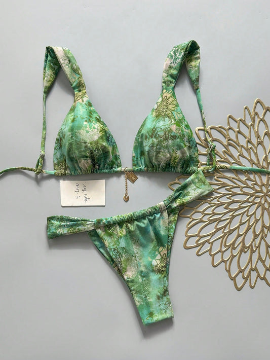 Swim Vcay Women's Summer Beach Vacation Floral Print Bikini And Triangle Bottom Separate Swimsuit Set Green Tropical Tropical