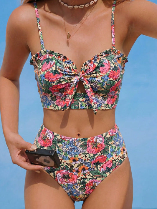 Swim Vcay Women's Tropical Print Two Pieces Bikini Set, Casual Holiday