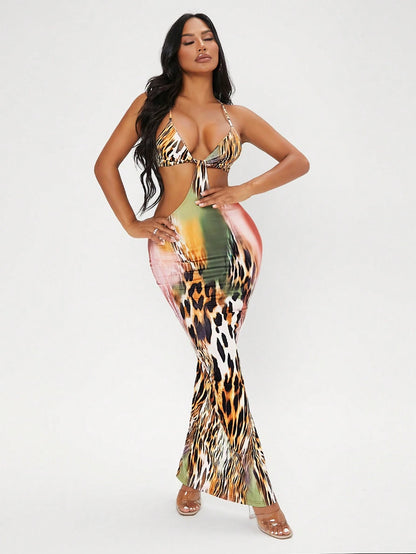 SXY Beach;Leopard Print Cut Out Split Hem Dress