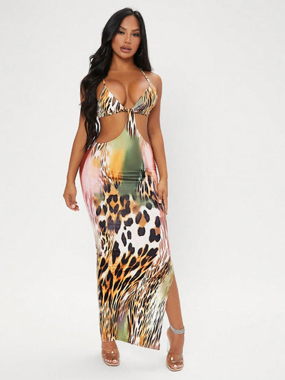 SXY Beach;Leopard Print Cut Out Split Hem Dress