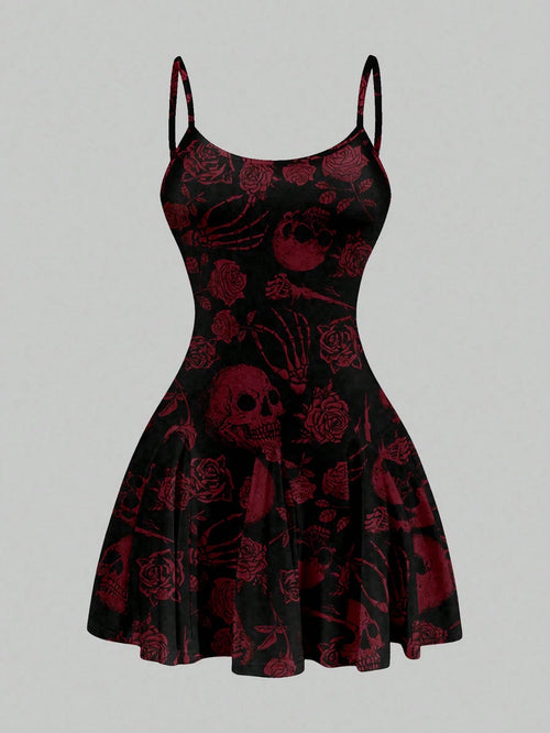 SXY Casual Skull & Rose Pattern A-Line Mini Dress For Women, Suitable Summer,Summer Dresses,Sun Spring Clothes Cute Woman Clothing Chic