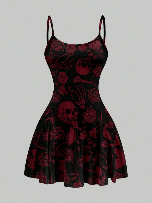 SXY Casual Skull & Rose Pattern A-Line Mini Dress For Women, Suitable Summer,Summer Dresses,Sun Spring Clothes Cute Woman Clothing Chic