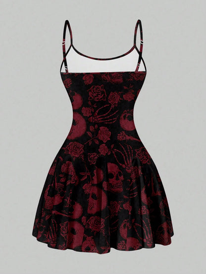 SXY Casual Skull & Rose Pattern A-Line Mini Dress For Women, Suitable Summer,Summer Dresses,Sun Spring Clothes Cute Woman Clothing Chic