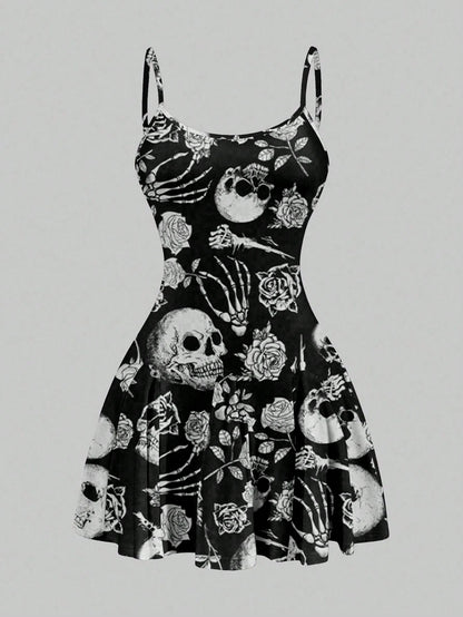 SXY Casual Skull & Rose Pattern A-Line Mini Dress For Women, Suitable Summer,Summer Dresses,Sun Spring Clothes Cute Woman Clothing Chic