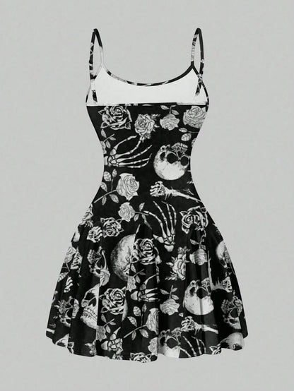 SXY Casual Skull & Rose Pattern A-Line Mini Dress For Women, Suitable Summer,Summer Dresses,Sun Spring Clothes Cute Woman Clothing Chic