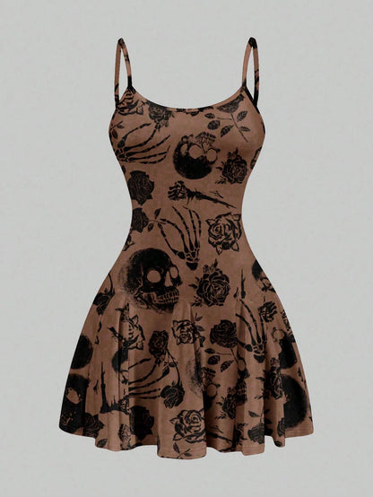 SXY Casual Skull & Rose Pattern A-Line Mini Dress For Women, Suitable Summer,Summer Dresses,Sun Spring Clothes Cute Woman Clothing Chic