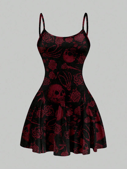 SXY Casual Skull & Rose Pattern A-Line Mini Dress For Women, Suitable Summer,Summer Dresses,Sun Spring Clothes Cute Woman Clothing Chic