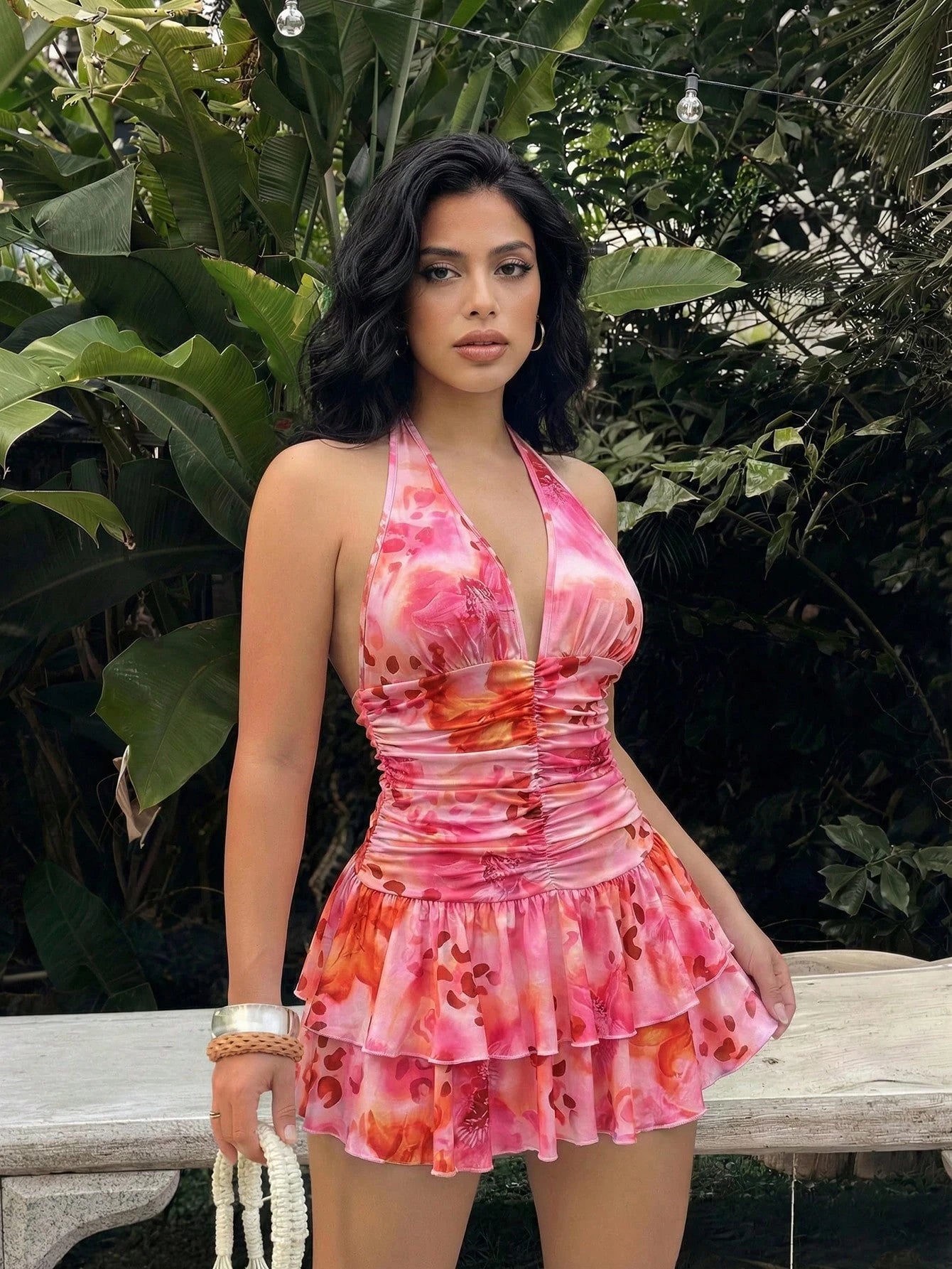 SXY Floral Print Halter Neck Dress, Suitable For Beach Vacation In Summer,Summer Dresses For Women