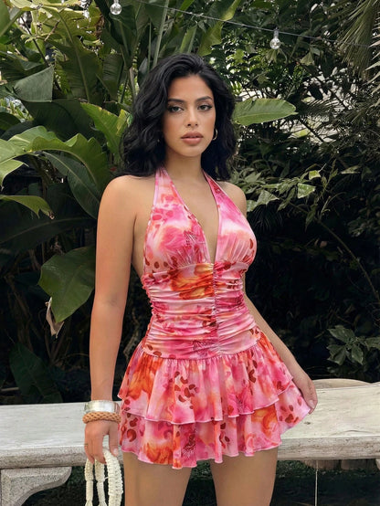 SXY Floral Print Halter Neck Dress, Suitable For Beach Vacation In Summer,Summer Dresses For Women
